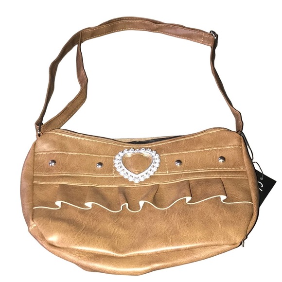 FAUX LEATHER SOFT BROWN EMBELLISHED CROSSBODY BAG - Picture 1 of 4
